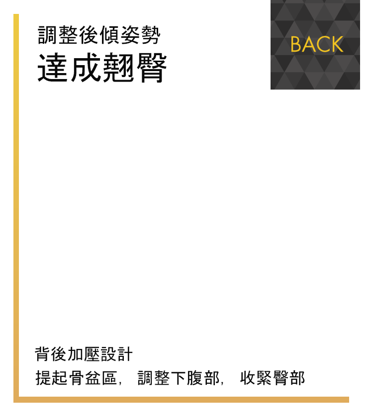 BACK 調整後傾姿勢達成翹臀背後加壓設計提起骨盆區，調整下腹部，收緊臀部