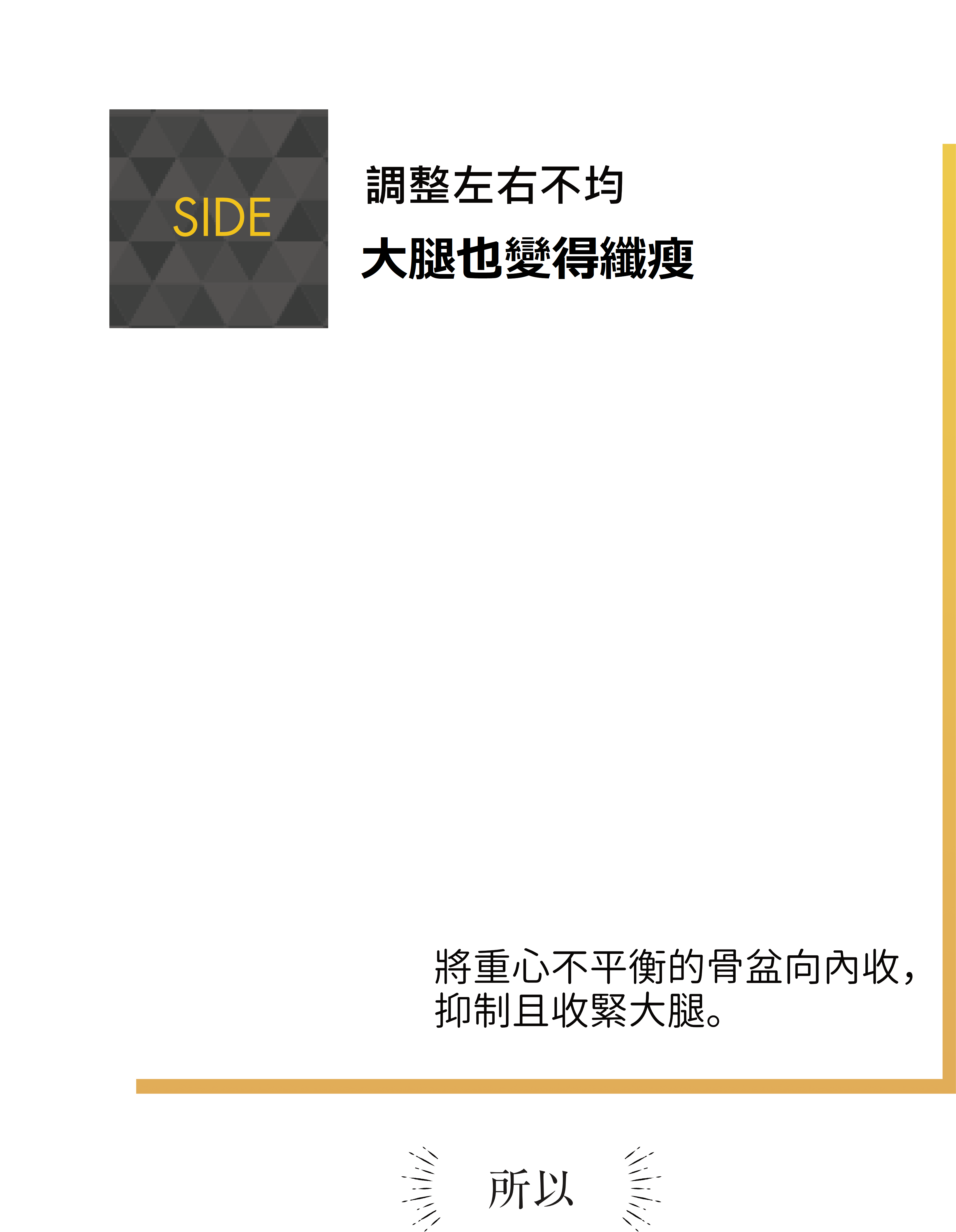 SIDE 調整左右不均大腿也變得纖瘦側面加壓設計將重心不平衡的骨盆向內收抑制且收緊大腿